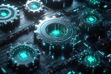 Poster - Glowing Circuit Board with Gears and Green Lights