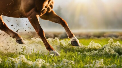 Galloping Horse in Sunlight: Dynamic image of a galloping horse captured in motion through a sun-dappled meadow, evoking a sense of speed and freedom.