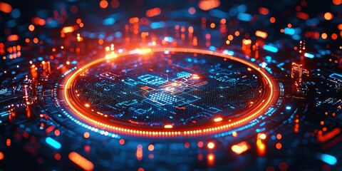 Poster - Illuminated Circuit Board with Glowing Orange and Blue Lights