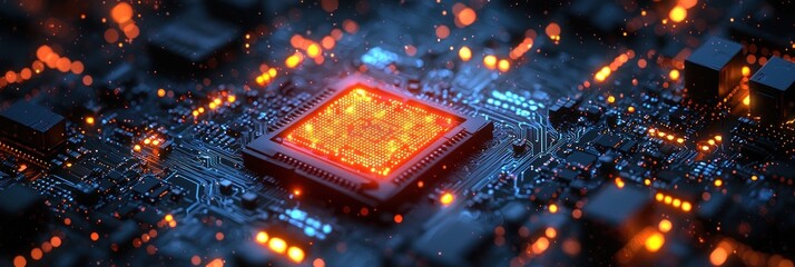 Poster - Close-up of a glowing CPU on a circuit board with bokeh lights.