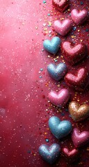 Aufkleber - Colorful Glitter Hearts Scattered on a Red Background