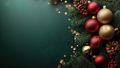 Poster - Christmas Ornaments and Pine Branches on a Green Background