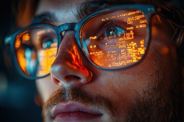 Poster - Close-up of a Man's Eye with Glasses Reflecting Digital Code