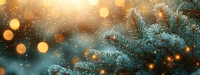 Poster - Close-up of Frosted Pine Branches with Sparkling Lights and Blurred Background