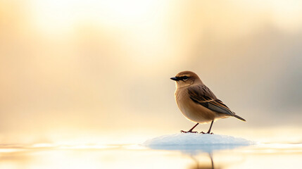 Wall Mural - brown bird standing on a small piece of ice at sunset, creating a serene and peaceful scene