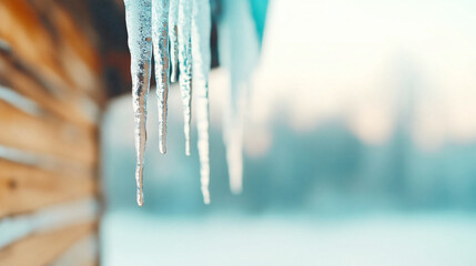 Wall Mural - icicles melting on a wooden roof in winter, with a blurred background in close-up