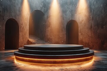 Aufkleber - Illuminated Concrete Platform with Arched Doorways and Steps
