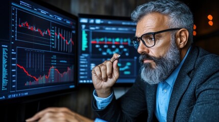 Poster - financial analyst examines stock market trends on multiple screens while working late in a contemporary office