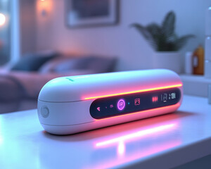 Poster - Smart Wireless Device with LED Display on Modern Home Desk for Innovative Technology Lifestyle
