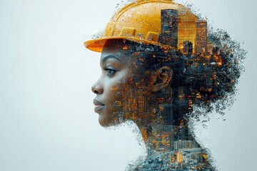 Aufkleber - A Woman Wearing a Yellow Hard Hat With a Cityscape Double Exposure