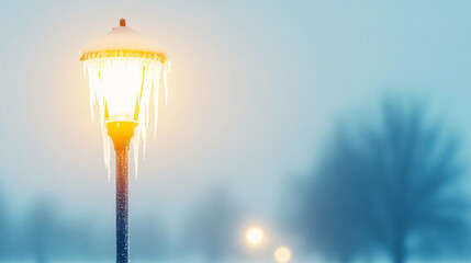Wall Mural - tranquil urban scene on a serene winter night with a glowing street lamp reflecting on icy snow