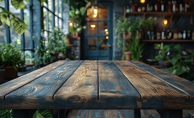 Poster - Rustic Wooden Tabletop with Blurred Background of Indoor Greenery and Lights