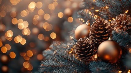 Poster - Close-up of a Christmas Tree with Pine Cones and Ornaments