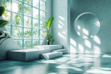 Fototapete - Concrete Platform with Glass Block Window and Circular Niche