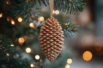 Poster - Close-up of a Glittery Pine Cone Ornament Hanging on a Christmas Tree
