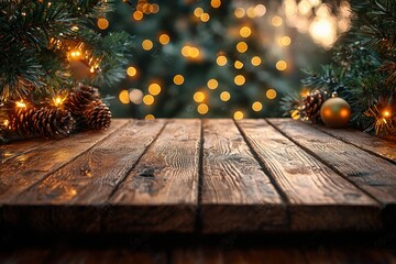 Poster - Rustic Wooden Table with Pine Branches, Cones, and Christmas Lights