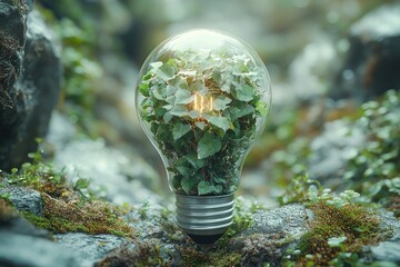 Fototapete - Light Bulb Filled with Green Plants in a Forest Setting