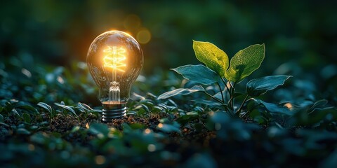 Leinwandbilder - A glowing lightbulb amidst vibrant green foliage