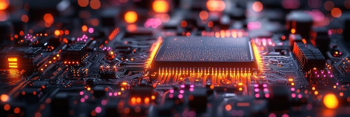 Fototapete - Illuminated Processor Chip on a Motherboard
