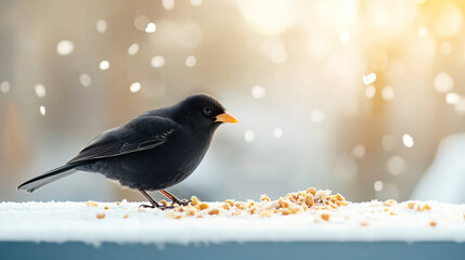 Wall Mural - blackbird with a vibrant orange beak feeding on seeds in a snowy landscape at sunset