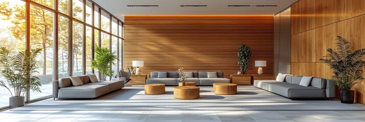 Poster - Modern Living Room with Wooden Wall and Large Windows