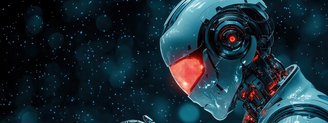 Poster - Close-up of a Robotic Head with Red Glowing Eyes and Mechanical Components