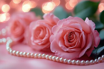 Poster - Pink Roses and Pearl Necklace on a Pink Surface