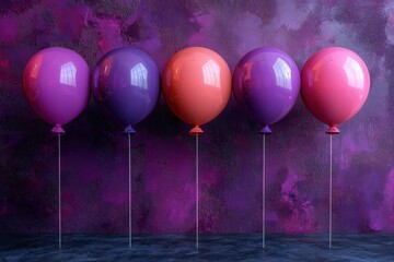 Poster - Five Balloons Tied with Strings in Front of a Purple Wall