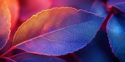 Aufkleber - Close-up of a Leaf Illuminated with Vivid Purple and Orange Hues