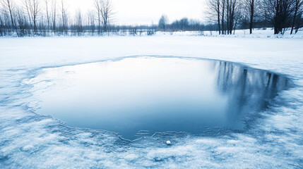 Wall Mural - frozen river reflecting winter trees, covered in snow, evoking tranquility and peace. branches cling