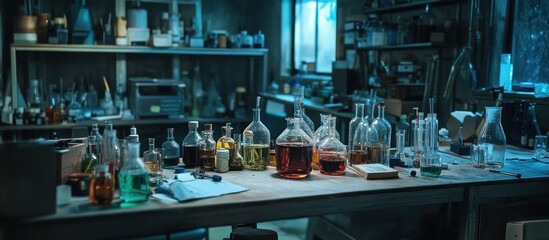 Aufkleber - Assorted Chemical Bottles and Glassware on a Lab Table