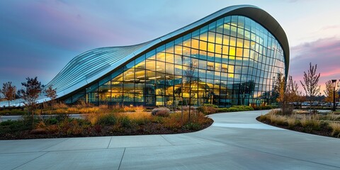 Poster - Modern Glass and Steel Building with Curved Architecture and a Walkway