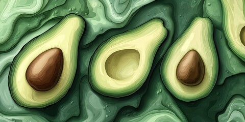 Poster - Abstract Illustration of Three Avocado Halves on a Green Swirling Background