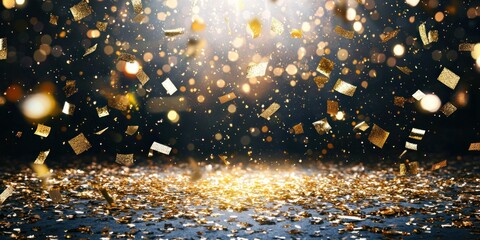 Poster - Golden Confetti Falling onto a Dark Surface with a Spotlight