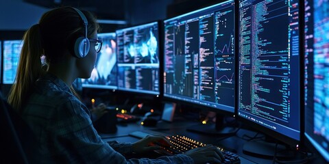 Poster - Woman wearing headphones working on a computer in a dimly lit room.