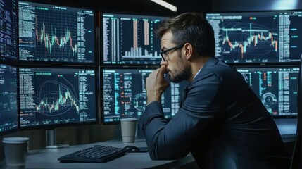 Poster - Man in Suit Analyzes Stock Market Data on Multiple Monitors