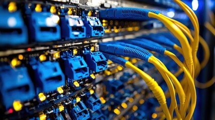 Aufkleber - Close-up of yellow fiber optic cables connected to blue network ports on a server rack