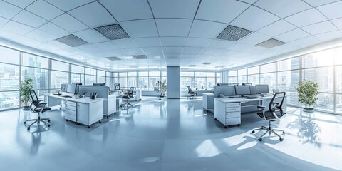 Aufkleber - Modern Office Interior with Cityscape View and White Desks