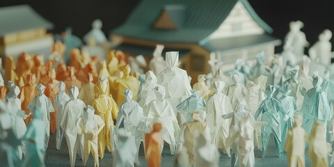 Aufkleber - A Group of White and Yellow Origami Figures in Front of Blurred Buildings