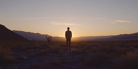 Poster - Solitary Figure Silhouetted Against a Desert Sunset