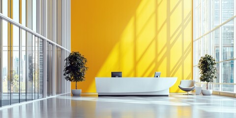 Aufkleber - Modern Office Lobby with Yellow Wall, White Reception Desk, and City View