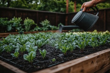 Poster - A hand pours water from a watering can onto young seedlings in a garden bed, nurturing their growth under the afternoon sun. Generative AI
