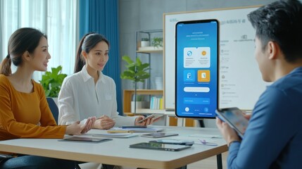 Aufkleber - Three People Discussing a Mobile Phone Application