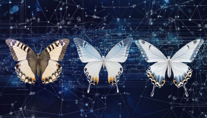 Poster - Three Butterflies on a Digital Network Background