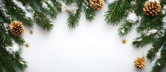 Aufkleber - Festive Christmas frame with snow-covered pine branches, gold pine cones, and golden stars on a white background.