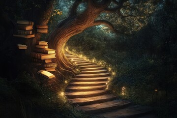 Poster - A magical staircase winding through a dark forest illuminated by glowing lights and leading to a stack of books resting on a large tree trunk.