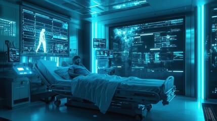 Poster - A man lies in a hospital bed in a futuristic room, surrounded by screens displaying data and medical information.
