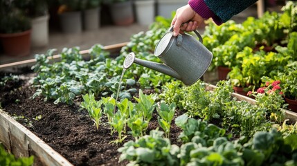 Poster - A hand holds a metal watering can, nourishing young seedlings in a well-tended garden bed filled with various plants. Generative AI