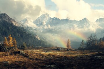 Poster - A rainbow arcs over a mountain range, with a valley of grass, trees, and rocks in the foreground.