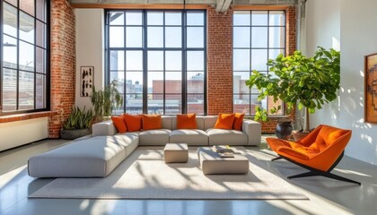 Poster - A spacious living room with large windows, exposed brick walls, and a comfortable sectional sofa with orange pillows.
